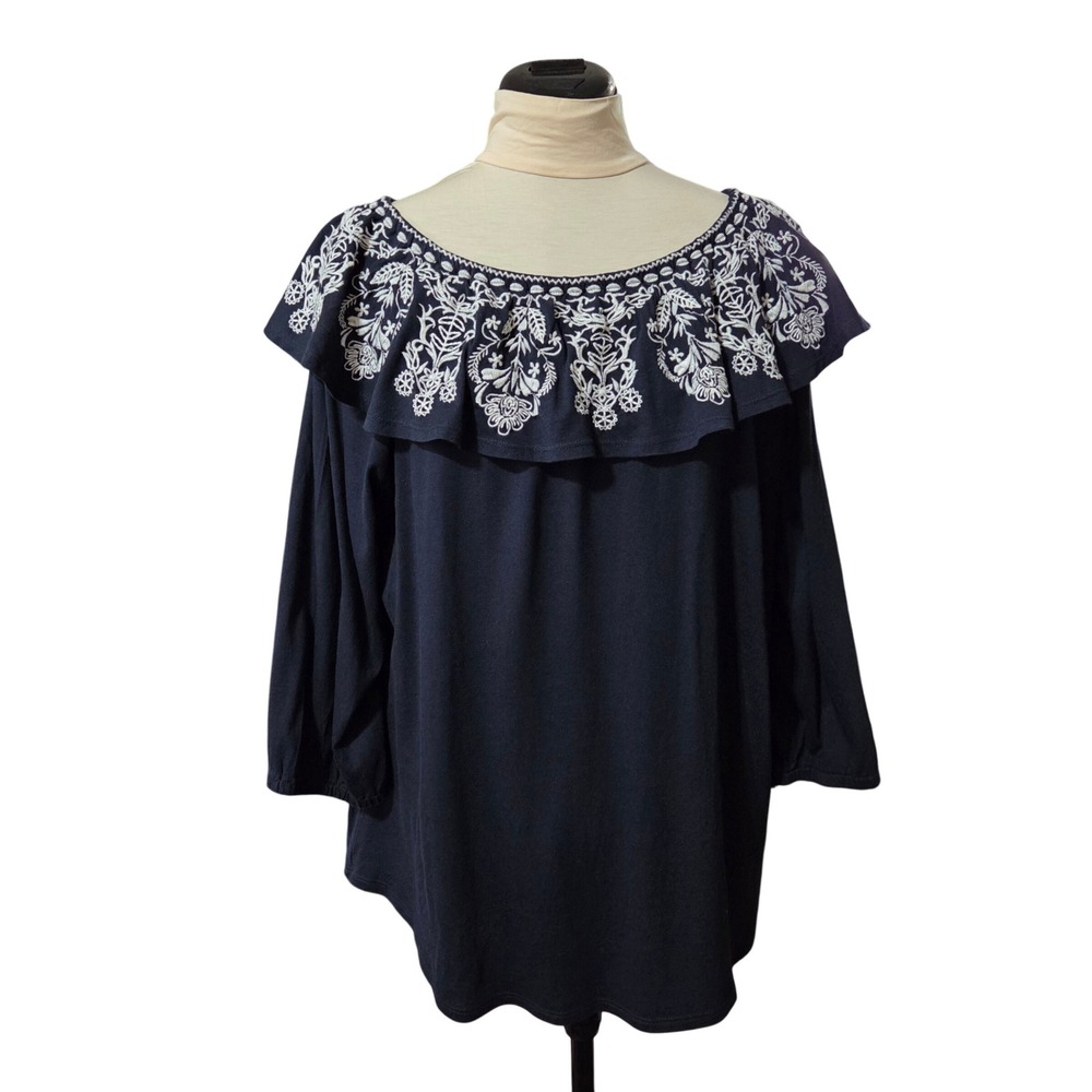 J. Jill Navy Blue Top with White Embroidered Ruffle